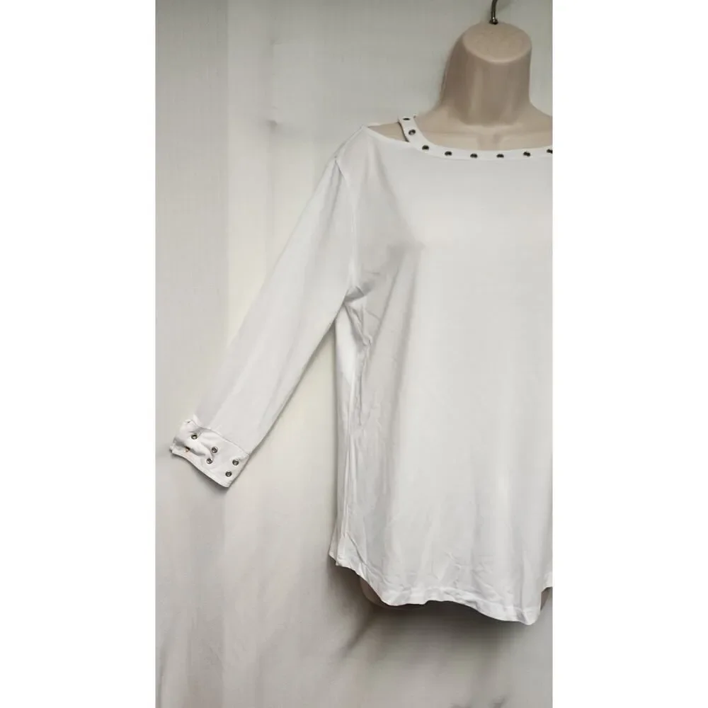 Sharon Young Long Sleeve T-Shirt Cut Out Neckline Blouse Size Medium Color White